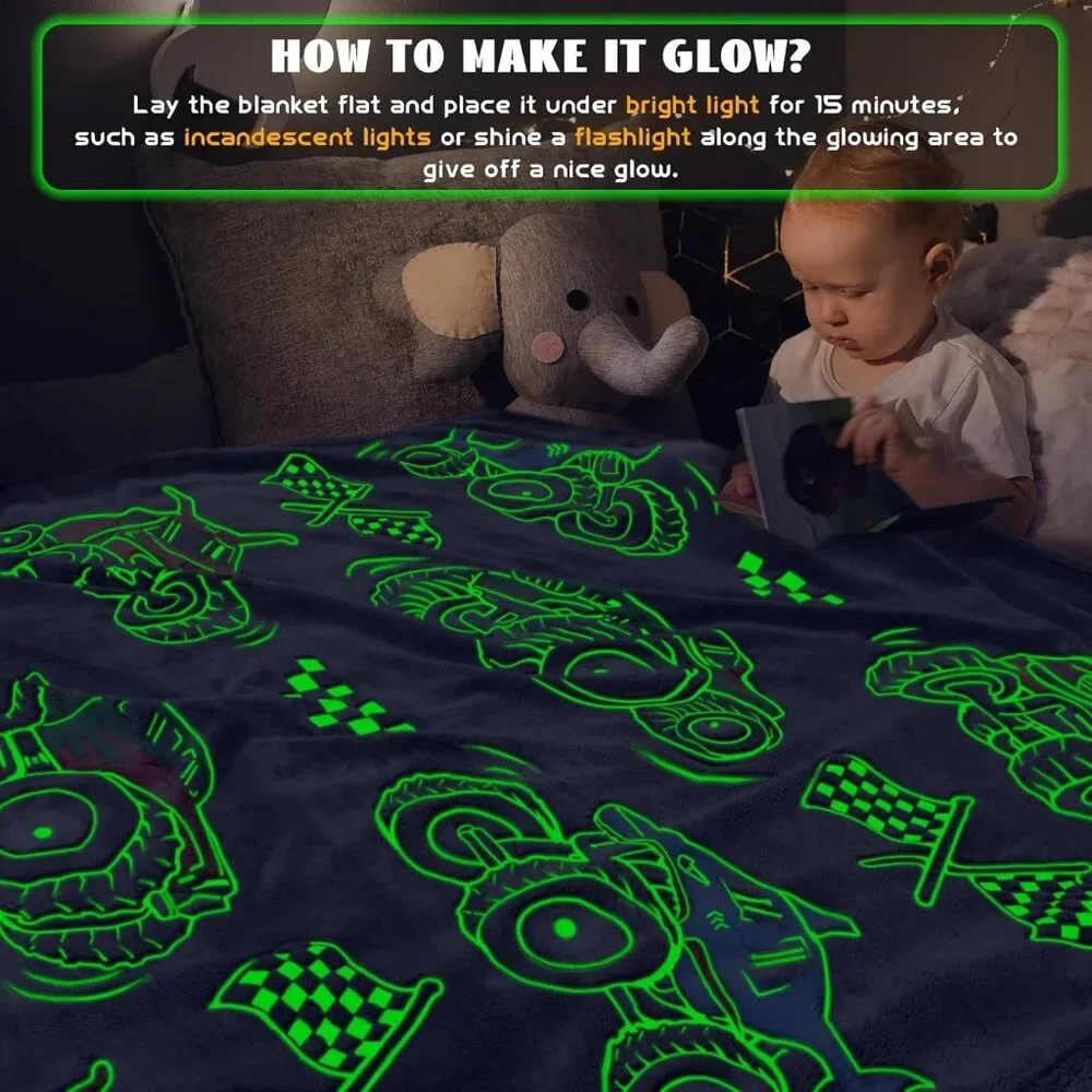 Boys Truck Car Toys Glow in the Dark Blanket Soft Fleece Tractor Room Decor